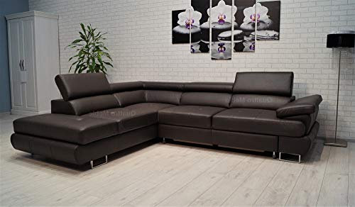 Quattro Meble Dunkelbraunes Echtleder Ecksofa LTN 275 x 225 Sofa Couch mit Schlaffunktion, Bettkasten und Kopfstützen Echt Leder Eck Couch (225 x 275 Ecke Links)
