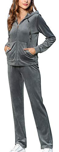 MessBebe, tuta da ginnastica da donna in velluto per il tempo libero lo sport 2 pezzi felpa con cappuccio a maniche lunghe con zip e pantaloni lunghi sportivi grigio., M