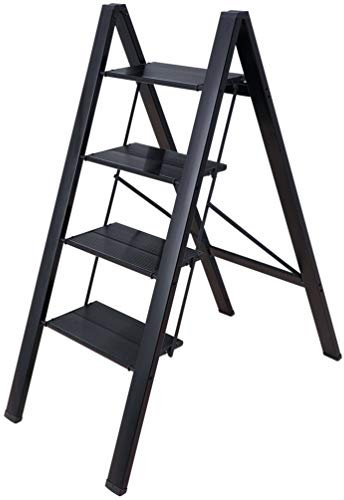 BAOYOUNI Trittleiter, Leicht, Klapptrittleiter, Aluminium Sicherheits Stehleiter, mit rutschfeste Breites Pedal, 4 Stufen, für Haushalt, Büro, Tragbares Lagerregal, Malen und Pflanztöpfe, schwarz