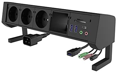 ICY BOX Klemm Tischsteckdose mit USB Hub, Kartenleser und Audio, Mehrfachsteckdose, USB 3.0, Aluminium, Schwarz