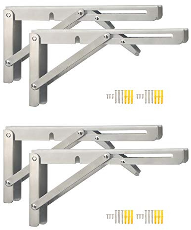 Pxyelec Heavy Duty Stainless Steel Wall Shelf Support Bracket, 10 inches Silver Triangle Folding Shelf Bracket for Space-Saving DIY Workbench with Install Screws, Pack of 4