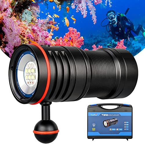 TrustFire DF50 Scuba Diving Light, 6500 Lumens Video Camera Photography Dive LED Flashlight, USB Rechargeable Torch, 70M Underwater, Super Bright, with Violet Red White Lights