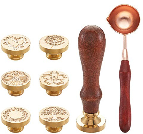 Beadthoven Wachssiegel-Stempel-Set, 6 Stück, Retro-Design, Kupferköpfe und 1 Holzgriff und 1 Wachsschmelzlöffel für Umschläge, Einladungen, Hochzeiten, Verzierungen, Geschenkdekoration