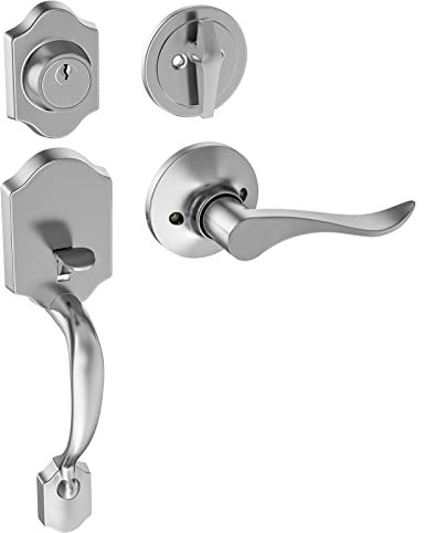 HOSOM Set di maniglie per porta anteriore in nichel satinato, serratura esterna con catenaccio, cilindro singolo, reversibile per porte destra e sinistra