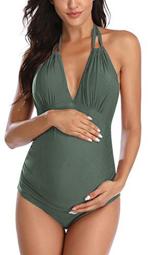 EastElegant Maillots de Bain de Maternité Une Pièce Col en V de Grossesse Maillots de Bain Halter de Maternité Bikini(Armée Verte,3X-Large)