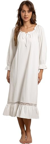 Nanxson Damen Baumwolle Nachthemd Langarm Nachtwäsche Vintage Viktorianisch Nachtkleid Schlafanzug (L, Weiß)