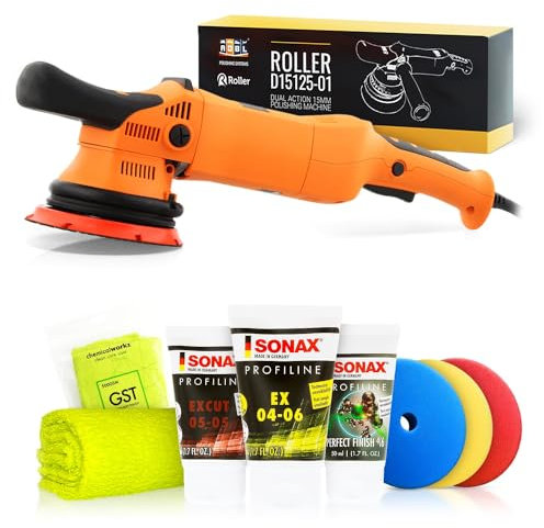 Poliermaschinen Set: ADBL Roller D15125 Exzenter Poliermaschine + Sonax Politurset + Royal Pads Premium Polierpads - Auto Politur, Lack polieren, Kratzer entfernen, Aufbereitung | 8-teilig