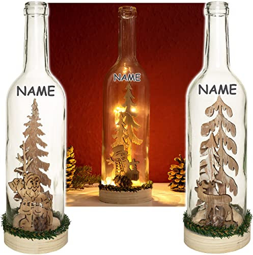 3 Stück LICHT Dekoflaschen - 5 Stück LED Weihnachten & Winter - inkl. Name - 30 cm - Flaschen - Weihnachtsflaschen - Lichterflaschen mit Beleuchtung - Bat..