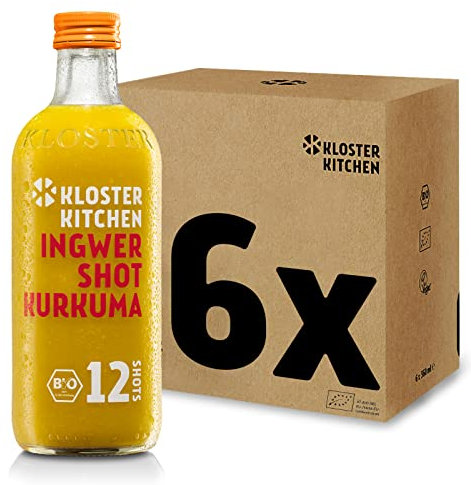 Kloster Kitchen Bio Ingwer Shot Kurkuma 12SHOTS 6x 360 ml mit echten Ingwerstückchen, Ingwer Shots mit Kurkuma in Glasflasche, vegan ohne Zusatzstoffe & mit natürlicher Süße (inkl. 1,50€ EINWEG Pfand)