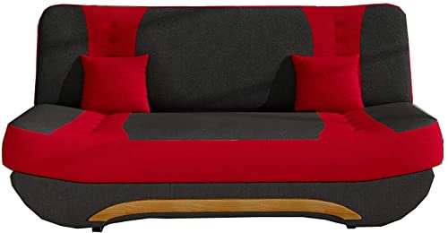 Sofa mit Schlaffunktion und Bettkasten, Couch für Wohnzimmer, Schlafsofa Federkern Sofagarnitur Polstersofa Wohnlandschaft mit Bettfunktion 194x92x94 - FEBA Schwarz + Rot (Alova 04 + Alova 46)