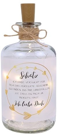 Druckerino LED Flaschenlicht mit Spruch - Schatz Ich liebe Dich - Leuchtflasche - Geschenk Valentinstag - Geschenk Freundin - Geschenke für Frauen