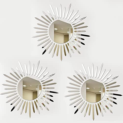 CATTY 3 Piezas Espejo de Pared, Espejo Decorativo, Etiqueta Engomada Pared Espejo, Espejo de Forma de Sol, para Hogar Sala de Estar Dormitorio, Decoración de Pared, Desmontable, Plata