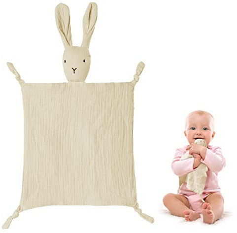 Vicloon Schmusetuch, Kuscheltuch mit Hase-Köpfchen,Doppellagiger Tüll aus 100% Bio-Baumwolle,Baby Geschenk zur Geburt Junge & Mädchen-Beige