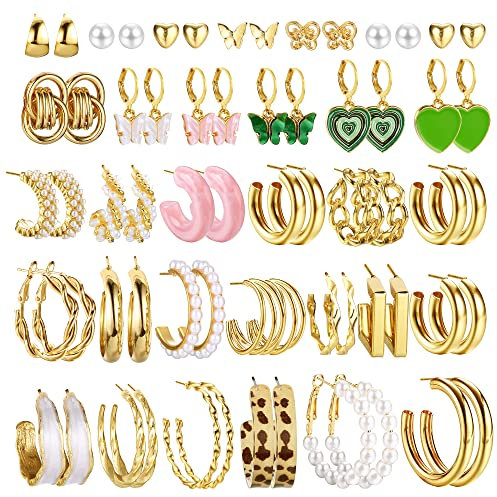 CASSIECA 32 Paar Gold Perlen Ohrringe Set für Damen & Mädchen - Mode Kettenglied Creolen Ohrstecker Tropfen Ohrringe Boho Statement Acryl Creolen Hypoallergen Geburtstagsfeier Schmuck Geschenk