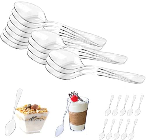 Dessert Spoons Heavy Duty Clear Plastic Reusable Tableware 9.5cm Small Teaspoon Dinnerware Cutlery for Indoor and Outdoor Parties Pudding Mousse Birthday Buffets Picnics (Pack of 50)