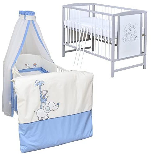 Baby Delux Babybett Komplett Set Kinderbett Mia 120x60 weiß grau Matratze Bettwäsche Set mehrteilig (Zirkus blau)