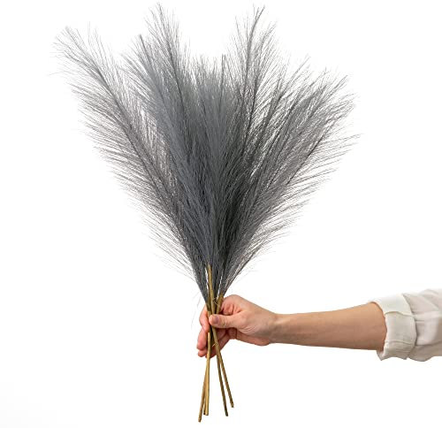 Artificial Pampas Grass 5 Stems – 60cm Tall Sleek Grey Faux Pampas Natural Dried Look for Minimalist Home Decor & Vase Styling (Grey)