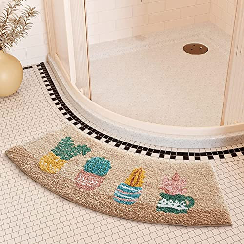 DFEO@MF Curved Bath Mat, Fluffy Microfiber Curved Shower Mat, Absorbent Ultra Soft Bath Mat for Round Showers, Machine Washable, 45X100CM (Potted Plant)