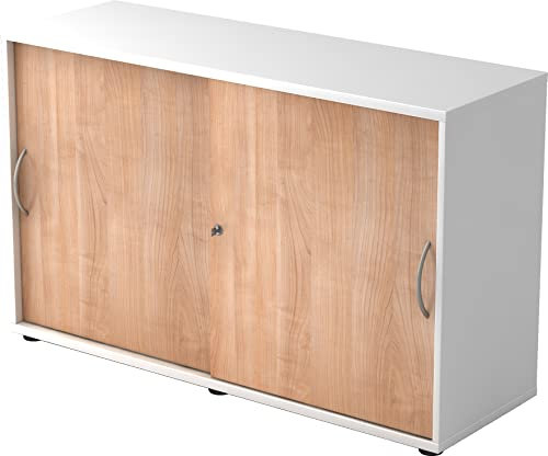 bümö Schiebetürenschrank 2OH - Aktenschrank abschließbar, Sideboard Schrank mit Schiebetüren in Weiß/Nussbaum, Bogengriff - Büroschrank aus Holz mit Schiebetür, Büro Kommode für Ordner & Co.