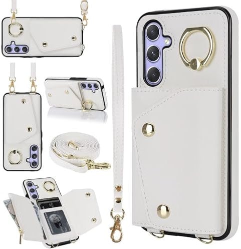 FMPCUON Coque avec Cordon Compatible avec Samsung Galaxy A53 5G,Étui Portefeuille Housse Arrière avec Cuir PU Mat + TPU Souple Porte-Cartes Bandoulière Réglable Blanc