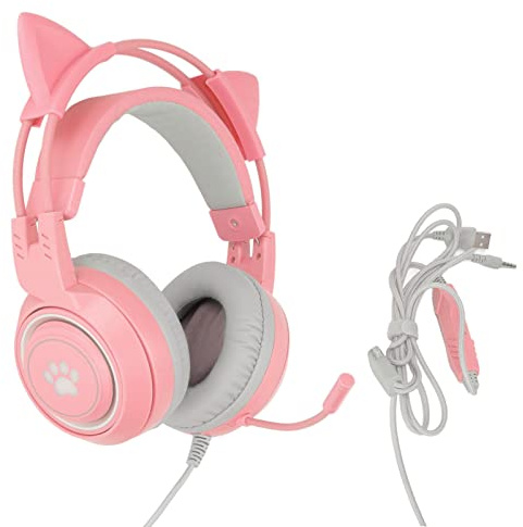 MOTUZP SYG25 Cat Ear Gaming Headset, Pink Gaming Headset USB + 3.5mm Plug Gaming Headphone Admite Ajuste de Volumen Micrófono Silencio para Niñas Mujeres(Rosa)