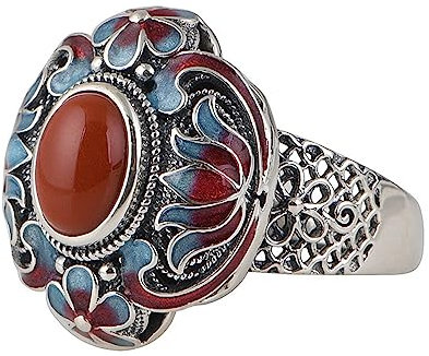 ForFox Damen Lotus Ring 925 Sterling Silber Emaille Cloisonné Lotusblüte Ring mit Roter Jade Offen Verstellbar