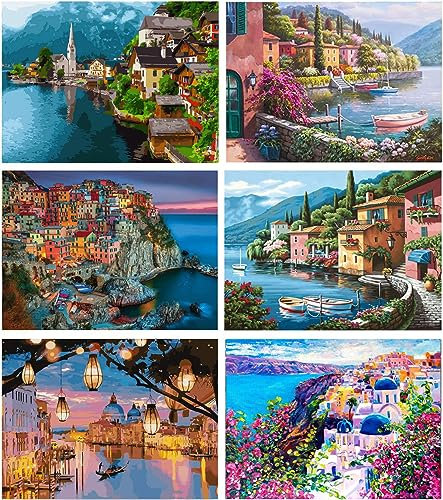 Mrnsiet 6 Packs Paint by Number for Adults,DIY Seaside City Landscape Paint by Numbers Kits for Adults Beginners,Watercolor Oil Painting Craft Art for Gift and Home Wall Decor 12X16Inch