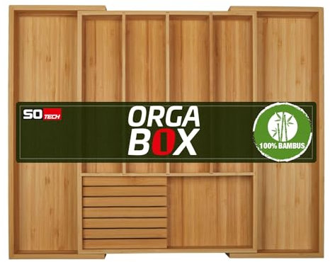 ORGA-BOX UNIVERSAL Range-couverts en bambou réglable pour largeur de tiroir 400-600 mm jusqu'à 7 compartiments pour profondeur de tiroir 473 mm y compris bloc à couteaux pour 6 couteaux