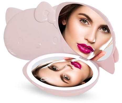 Wuiil Impressions Vanity Hello Kitty Kawaii Compact Mirror with Touch Sensor Switch for Adjustable Brightness, Lighted Makeup Mirror with LED Lights and 2X Magnifying Mirror (Matte Pink)