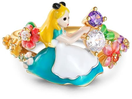 Jeulia Damen-Ring aus Emaille, Sterlingsilber, Wunderland, Cartoon-Mädchen, Valentinstag, Versprechen, Jahrestag, Ringe für Frau, Freundin, Geburtstag, Weihnachten (Gelbes Gold, 50(15.7))