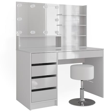 Vicco Schminktisch Sherry, Weiß Hochglanz, 120 cm mit LED Beleuchtung, Hocker und Spiegelregal