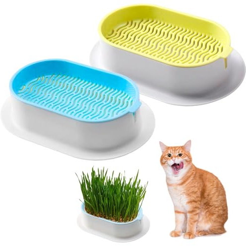 2 unidades de macetas para hierba de gato: bandeja para hierba de gato, bandeja de germinación, maceta de hierba para gatos con rejilla protectora para hierba de gato (gris-verde+azul-blanco)
