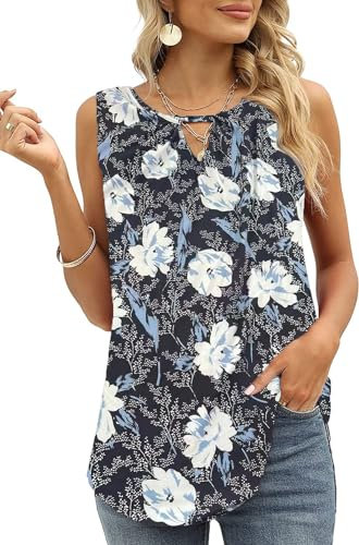 Cuptacc Top Donna Elegante Spalline Larghe Stampe Canotta Donna Casual Senza Maniche Scollo a V T-Shirts Giglio Blu M