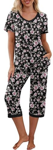 PrinStory Schlafanzug Damen Kurzarm Nachtwäsche Zweiteiliger Mit V-Ausschuss Pyjama Set Sleepwear Für Sommer Frühling Herbst Blumendruck (Rosa Blume Schwarz, XL)