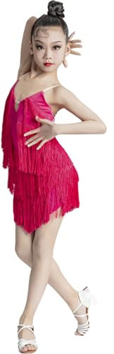 HWBZSZY Ragazze Tango Ballo Latino Vestito Bambini Senza Maniche Nappa Dancewear Professionale Concorrenza Costume da Allenamento Gonna per Sala da Ballo Samba Rumba Jazz Dance Outfit,Rosa,150cm
