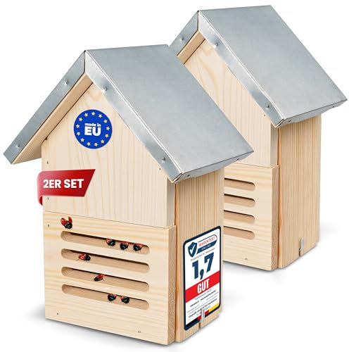 2 Stück Oramics Marienkäferhaus Marienkäfer Hotel Insektenhotel aus Kiefernholz mit wasserdichte Metall Dach – Marienkäfer Haus zum Nisten und Überwintern