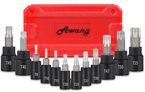 Awang 13PCS Douille Torx Mâles T8 à T60, Jeu de douilles à embouts étoilé, Coffret Embout Torx 1/4 3/8 1/2 drive en Acier S2
