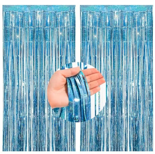 CC wonderland zone 2 Stück Hellblau Glitzer Lametta Vorhänge(1m x 2.5m),Metallic Folienvorhänge Tinsel Curtain Blau für Party Dekoration