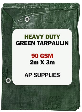 2m x 3m Green Tarpaulin Cover - 90gsm Thick - 7ft x 10ft Waterproof, Weatherproof, Frost-Resistant, UV Protection, Universal, Multipurpose, Groundsheet, Camping, Boating, Hiking Heavy Duty Sheet