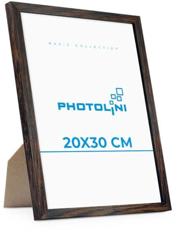 PHOTOLINI Bilderrahmen 20x30 Eiche Dunkel aus MDF-Holz Poster-Bilderrahmen 30x20 cm, bruchsicheres Acrylglas, zum Aufhängen & Aufstellen, extra Zubehör - für Fotos & Poster