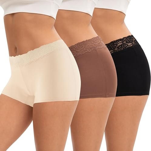 INNERSY Boxer Shorts Women Ladies Boxers Underwear Boyshorts Panties 3 Pack | Soft Cotton Boyshort Knickers, Mid Rise Pants, Delicate Lace Waistband, Tag-free Hipster, Under Dresses/Skirts, Daily Wear