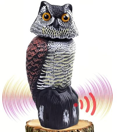 Effaroucheur Oiseaux Exterieur Hibou, Hibou Anti Pigeons pour Balcon, Chouette épouvantail Decoration Exterieur Jardin Terrasse Statue de Hibou avec Son et Tête Rotative à 360 °