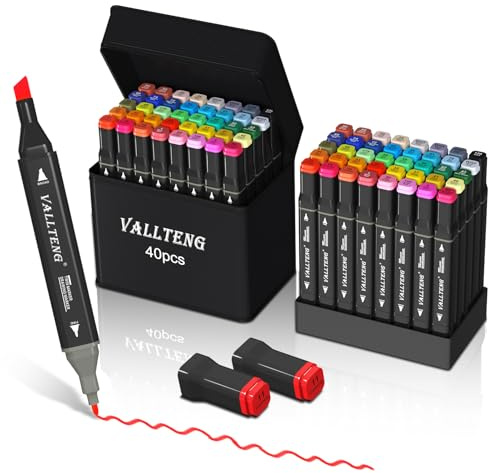 Vallteng Alcohol Markers Set 40 Colours,Dual Tips Colouring Pens for Adults,Permanent Art Markers Set for Drawing Coloring Illustration Graphic Designing with Carrying Case and Base