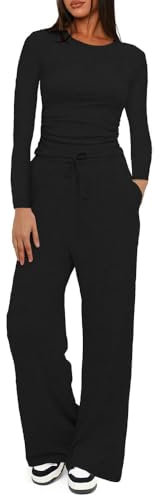 KOEMCY Tuta Donna 2 Pezzi Manica Lunga e Pantaloni Tute con Tasche e Coulisse Moda Sportiva da Jogging Casual Elegante Set per la Casa Fitness (Nero/M)