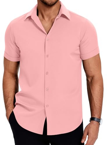 COOFANDY Chemise Homme Décontractée Été Stretch Chemise Affaires Plage Vacances Sans Repassage Rose