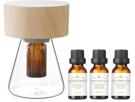 LOXIM Twilight Aromatherapy Diffuser with Sweet Dreamscape Essential Oil Blends, Atomizing Technology Diffuser with Essential Oil Set, Optional LED Light, No Water, Quiet, Battery Operated -Woodgrain