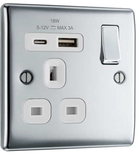 BG Electrical Single Switched Power Plug Wall Socket with Type A USB and Type C USB Charging Ports, Fast Charge, Round Edges, Nexus Metal, Polished Chrome, White Inserts,13A 18W NPC21UAC18W