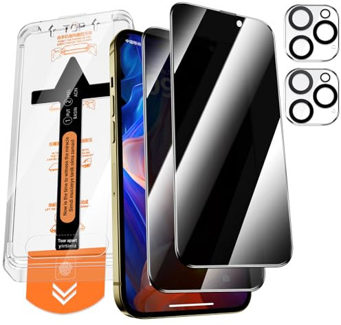 QUESPLE Protector de pantalla de cristal templado para iPhone 14 Pro Max con protección de cámara, [instalación automática] Protector de pantalla completa antiespague, dureza 9H, 2 + 2 unidades