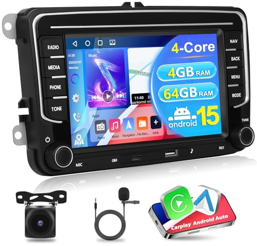 Autoradio Apple CarPlay 4G+64G per VW/Seat/Skoda/Passat/Golf/Polo, CarPlay Wireless e Android Auto, Touch Screen HD da 7, 2 DIN, Bluetooth, GPS/SWC/FM/RDS/USB, Telecamera per la retromarcia AHD, Mic