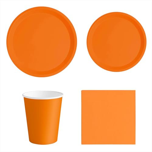 MAXI PRODUCTS - Set Vajilla Desechable Fiesta 20 Personas Naranja - 114 piezas- Vasos Cartón 270 cc + Platos Cartón Ø17 y Ø20,5 cm + Servilletas Papel 25x25 cm - Menaje para Cumpleaños y Eventos